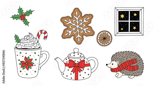 Whimsical Holiday Collage: A delightful assortment of festive illustrations, including a cozy mug, a snowflake cookie, a charming teapot, a sprig of holly, a smiling hedgehog with a scarf.