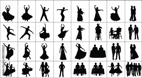 Silhouette people performing activities, dancing, painting, playing instruments, walking, social interaction, teamwork, creativity, lifestyle, expressive poses, black vector art