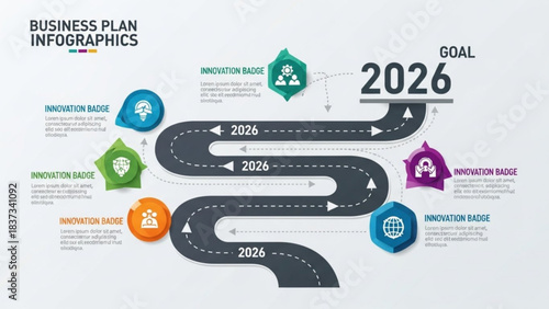 Business Plan Infographics: Navigate your business's pathway to the future, as visualized by this infographic, offering a clear strategy for success by charting a course towards the goal of 2026. 