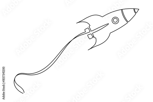 Single line drawing of a flying rocket, minimal continuous outline art for business startup success icon