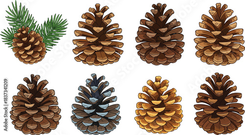 Collection of illustrated pine cones in varied shapes, colors, and textures for botanical, seasonal, and educational vector design content