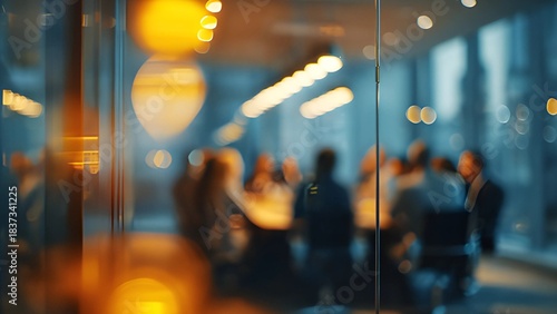 Blurry people working crowded office. Business people mingling, busy office business center with a light bokeh effect. Modern office meeting room business blurred office scenery background. 