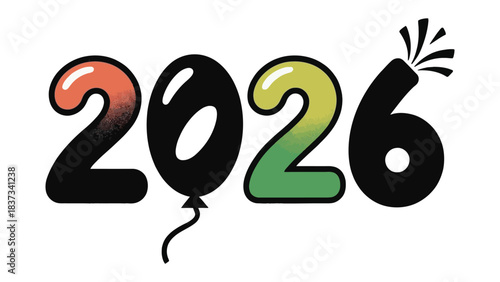 Year 2026 Celebration: Illustrative image of the new year celebration with balloon and firework effect for special events.