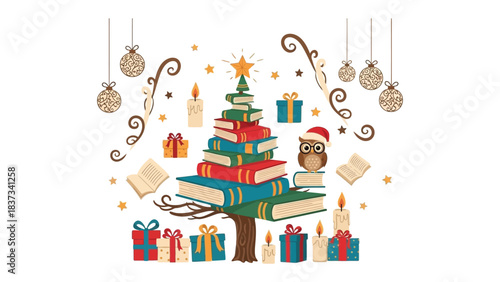 Literary Christmas: A festive illustration showcasing a whimsical Christmas tree constructed from colorful books. With ornaments, candles, and gifts, embodying the spirit of the season. 