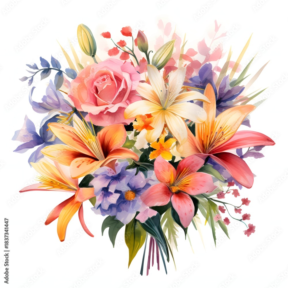 Obraz premium Watercolor bouquet with roses and lilies in full bloom on a white background