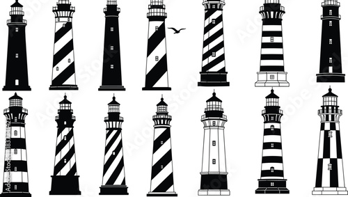 Collection of lighthouse silhouettes and striped nautical tower icons for marine navigation vectorPrint