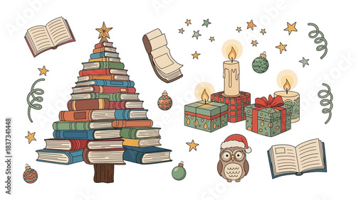 Festive Bookish Christmas Scene: A charming illustration depicts a Christmas tree creatively constructed from stacks of books, accompanied by festive elements. 