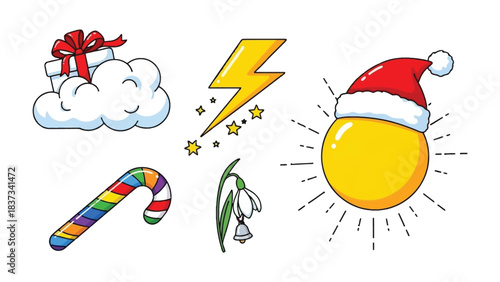 Festive & Whimsical Elements: A cheerful assortment of iconic symbols, including a gift atop a cloud, a lightning bolt with stars, a candy cane, a snowdrop flower, and a sun adorned with a Santa hat.