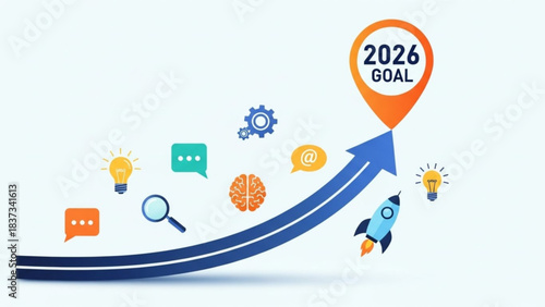 Charting the Course: A vibrant illustration showcasing the path to the 2026 goal, with a dynamic arrow guiding the way and evoking a sense of ambition, innovation, and strategic planning.