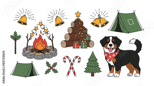 Festive Campfire and Berner: A charming illustration featuring a collection of holiday icons including a cheerful dog and cozy campfire, perfect for seasonal designs.