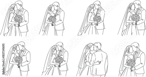 Wedding couple, romantic pose, bride groom, love silhouette, marriage icon, bouquet, veil, embrace, black outline, vector clipart, ceremony