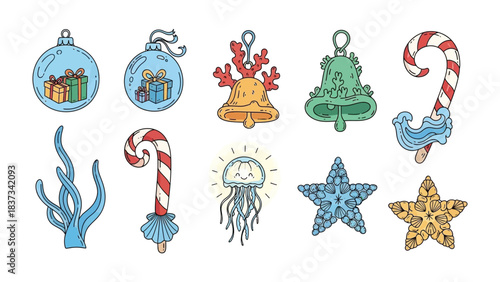 Underwater Christmas Decor: Delightful array of oceanic ornaments, blending festive cheer with marine life, creating a unique holiday charm.