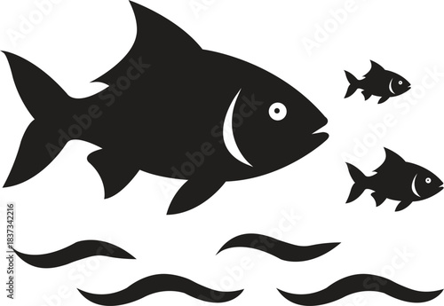 Silhouette of ocean fish in minimal black line art.