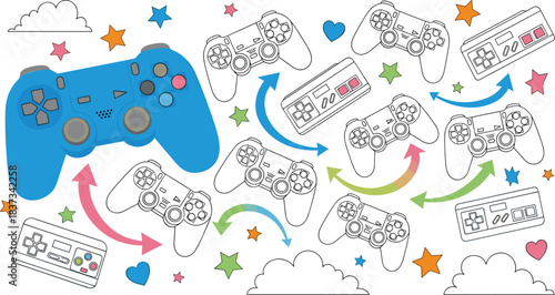 Colorful Gaming Controller Vector – Modern and Retro Gamepads with Arrows, Clouds, Stars, and Hearts in Playful Composition