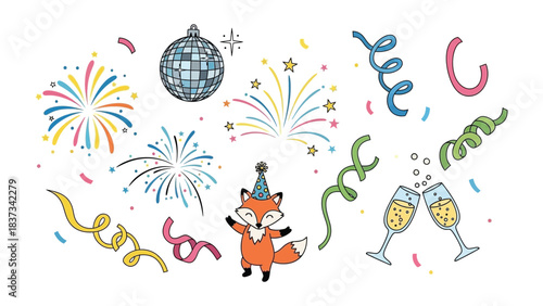 Festive Celebration: A delightful illustration showcases a spirited fox reveling amidst vibrant fireworks, a disco ball, shimmering confetti, and celebratory champagne flutes.