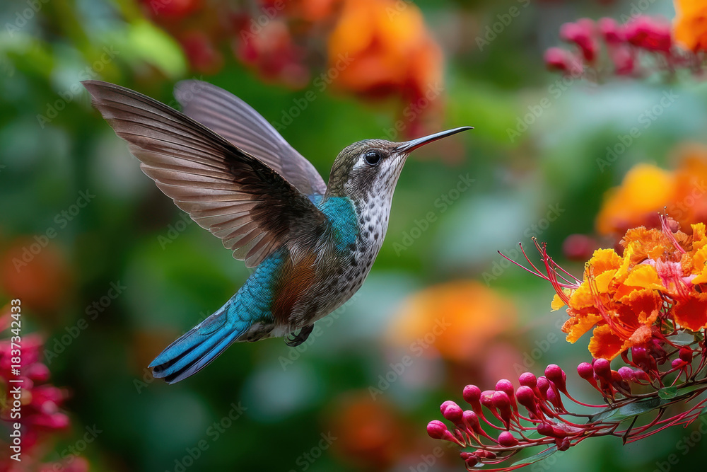 Obraz premium Hummingbird in Flight Near Vibrant Flowers A Nature Scene