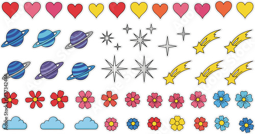 Colorful Icon Grid Vector – Hearts, Planets, Stars, Shooting Stars, Clouds, and Flowers in Playful Cartoon Style