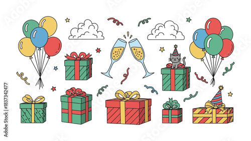 Festive Celebration: Capturing the essence of a joyous occasion, this illustration features a collection of colorful balloons, gift boxes, and champagne flutes.