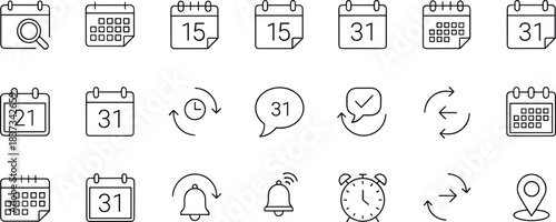 Calendar and time icon set for scheduling, reminder, date, clock, location, editable vector, outline style, UI design, productivity, interface