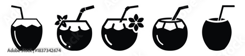 Set of coconut drink vector icon in silhouette design. summer design concepts.