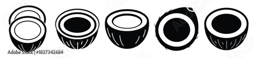 Set of coconut half vector icon in silhouette design. summer design concepts.