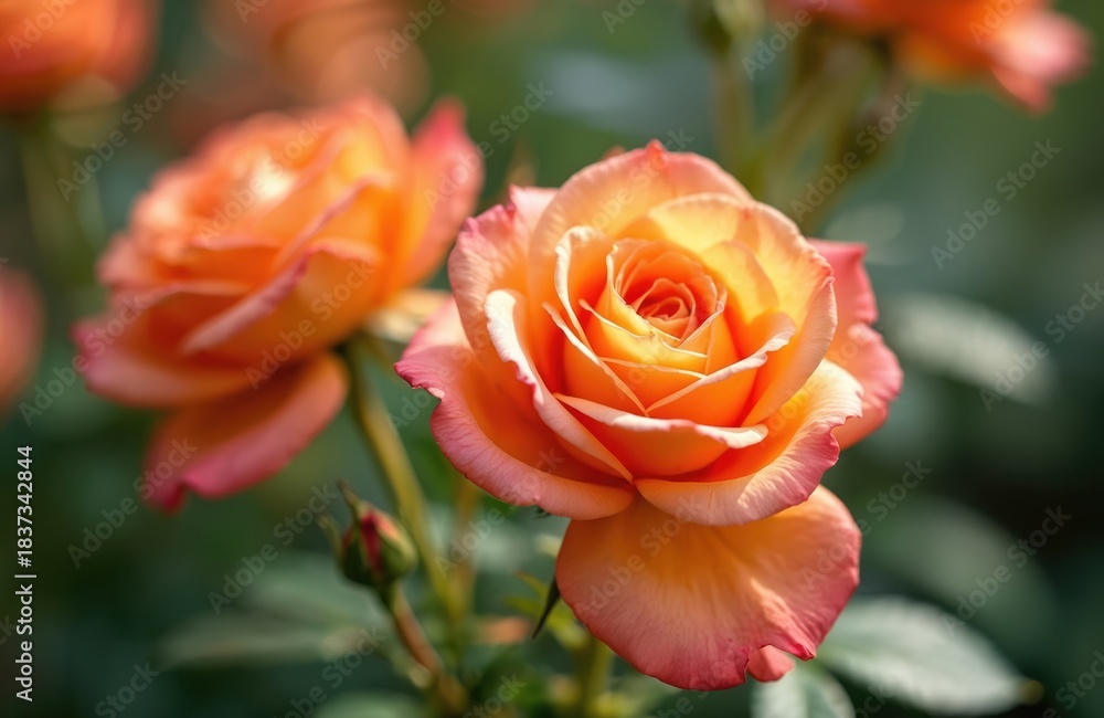 Naklejka premium Close up of two orange roses in bloom with soft pink edges. A rose bud is visible below. Gentle sunlight illuminates petals, rich green leaves backdrop.