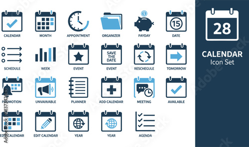 Calendar icon set for scheduling, planner, appointment, event, meeting, organizer, date, week, month, year, agenda, editable vector graphics