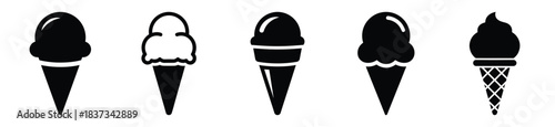 Set of ice cream cone vector icon in silhouette design. summer design concepts.