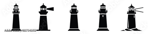 Set of lighthouse vector icon in silhouette design. summer design concepts.