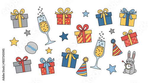 Festive Party Elements: An array of gift boxes, champagne glasses, stars, and party elements against a simple background, ideal for creating joyful content.