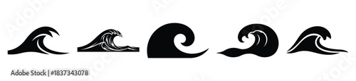 Set of ocean wave curl vector icon in silhouette design. summer design concepts.