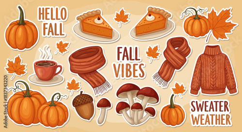 Hello Fall Autumn Season Elements and Typography Set