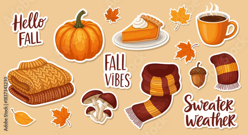 Hello Fall Autumn Season Elements and Typography Set