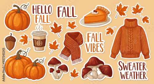 Hello Fall Autumn Season Elements and Typography Set