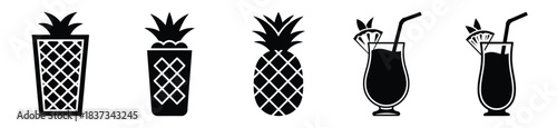Set of pineapple drink vector icon in silhouette design. summer design concepts.