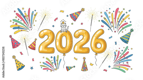 Celebration of New Year 2026: A vibrant and festive illustration heralding the arrival of the New Year 2026. Featuring cheerful elements of celebration and anticipation.