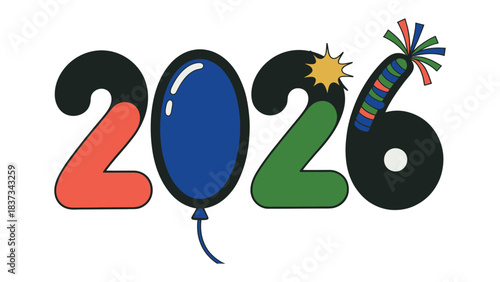 Year 2026 Celebration: A vibrant and colorful design, creatively illustrating the year 2026, combining festive elements and modern aesthetics to evoke anticipation and festivity.