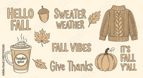 Hello Fall Autumn Season Elements and Typography Set