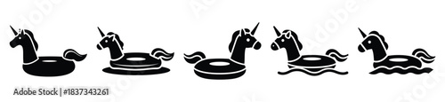 Set of pool float unicorn vector icon in silhouette design. summer design concepts.
