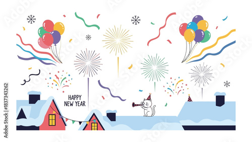 New Year Festivities: Colorful balloons dance alongside sparkling fireworks above snow-covered rooftops, celebrating the joy of the New Year. The scene bursts with festive cheer.