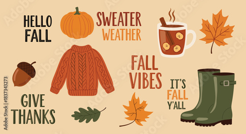 Hello Fall Autumn Season Elements and Typography Set