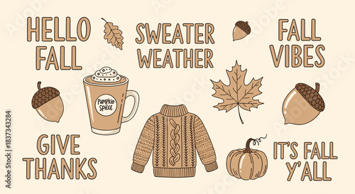 Hello Fall Autumn Season Elements and Typography Set