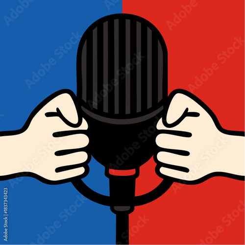 debate in grip with red and blue hands clutching a central mic of public discourse
