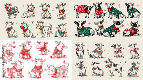 Playful illustration set of cute cows wearing festive sweaters and scarves in various poses. Ideal for holiday cards, children’s prints, winter artwork, and fun seasonal character designs.