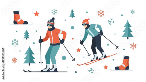 Winter Skiing Delight: Amidst a festive winter scene, two figures elegantly glide down the snowy slopes on skis, embodying the spirit of winter sports and seasonal joy.