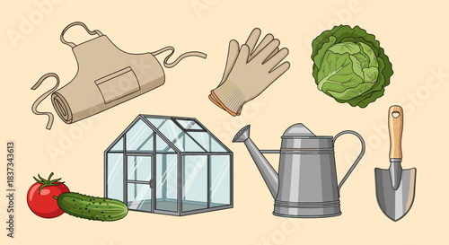Flat illustration set of gardening icons with tools, greenhouse and vegetables. Home gardening and organic farming concept, perfect for eco lifestyle, agriculture and planting designs