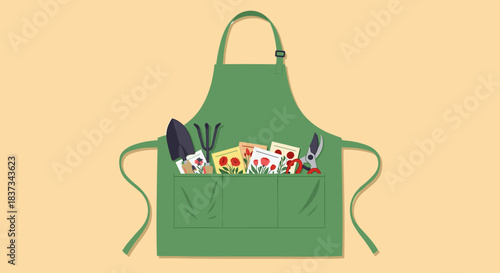 Flat illustration of a green gardening apron with hand tools and seed packets. Concept of home gardening, planting and outdoor hobby. Suitable for gardening, spring season and eco lifestyle designs