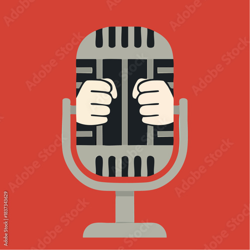voice behind bars with vintage mic and gripping hands in a red field of suppression
