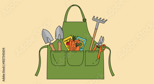 Flat illustration of a green gardening apron with hand tools and seed packets. Concept of home gardening, planting and outdoor hobby. Suitable for gardening, spring season and eco lifestyle designs