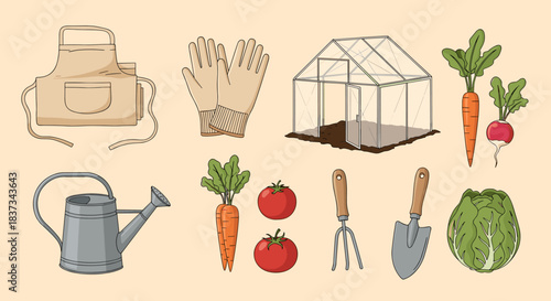 Flat illustration set of gardening icons with tools, greenhouse and vegetables. Home gardening and organic farming concept, perfect for eco lifestyle, agriculture and planting designs